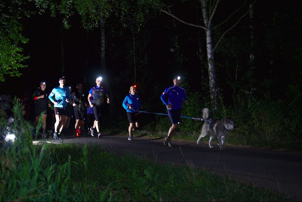 Grupa mężczyzn z latarkami i psem podczas biegu w porze nocnej.